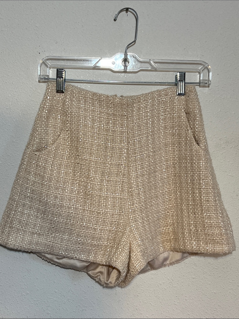 Meshki Cream Tweed Metallic Threads High-Waist Shorts Size Small